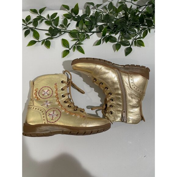 Gold Leather Embroidered Lace-Up Boots Made In Italy By Y. Iacovelli Size 28 Kid - Picture 7 of 13